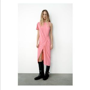 ZARA MINIMALIST ECCENTRIC ARTISTIC PINK DRAPED ASYMMETRIC RUCHED DRESS medium
